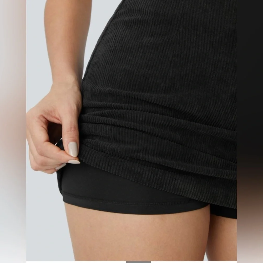 Halara High Waisted Invisible Zipper 2-in-1 A Line Mini Corduroy Black Skirt Med
